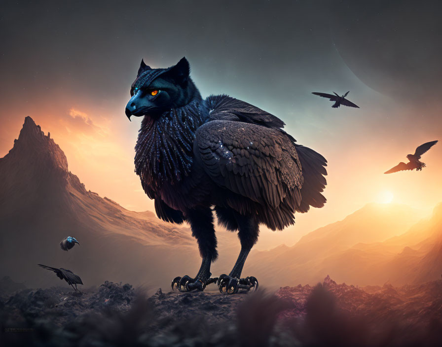 Mythical creature: bird body, black cat head, sunset landscape