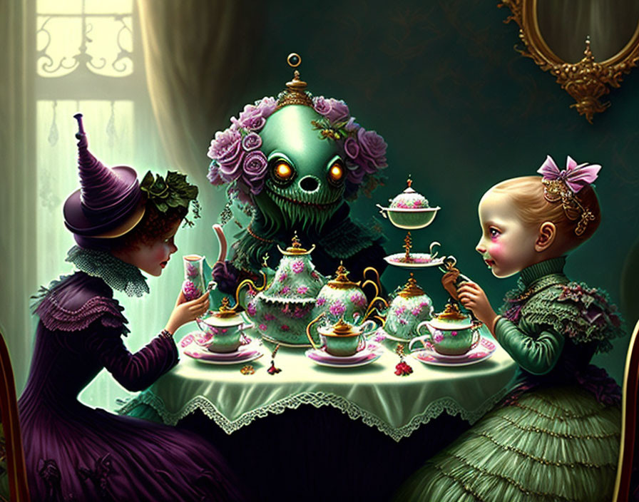 Stylized children tea party with whimsical green creature in Victorian-style room