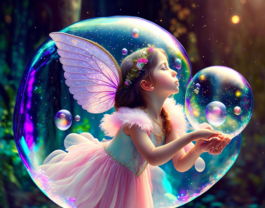 Young girl with fairy wings in pink dress surrounded by shimmering bubbles in enchanting forest.
