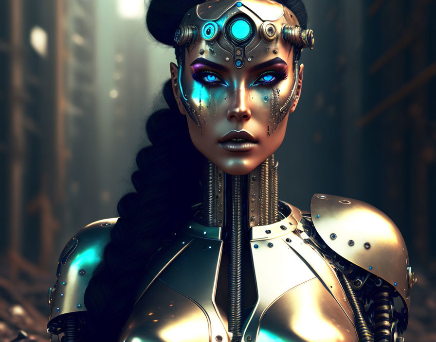 Detailed futuristic cyborg woman with mechanical parts, glowing eyes, and facial markings in industrial setting