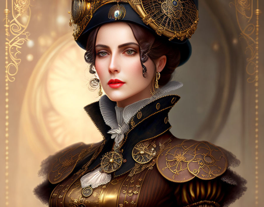 Digital artwork of a woman in ornate steampunk outfit with golden gears, hat, jewelry.