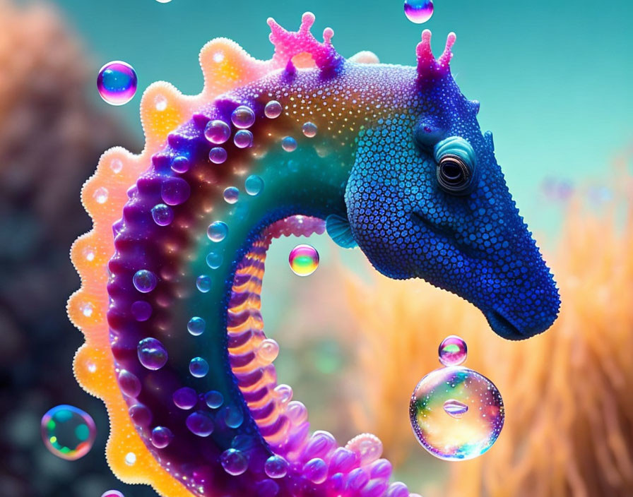 Vibrant digital illustration of colorful seahorse with blue head and purple body among bubbles