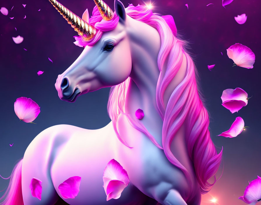 Majestic unicorn with pink mane and golden horn on purple background surrounded by pink rose petals