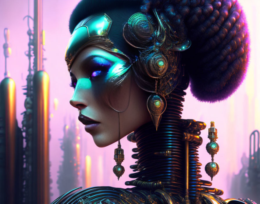 Futuristic woman with metallic headgear in otherworldly cityscape