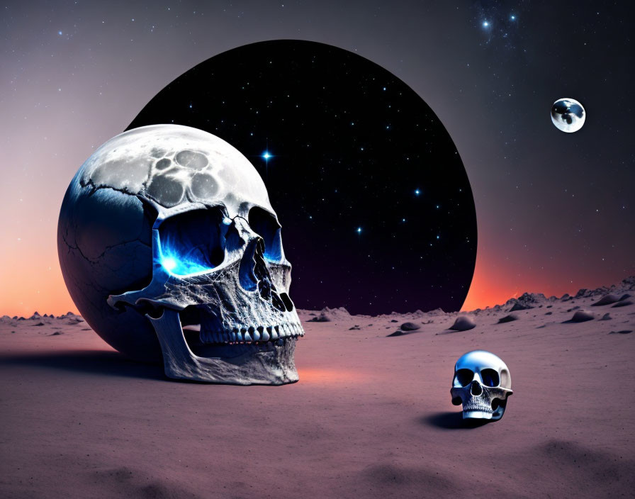 Two Skulls on Alien Landscape with Planet and Moon