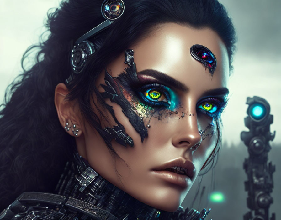Digital artwork: Woman with cybernetic eye enhancements in vibrant blue and green hues