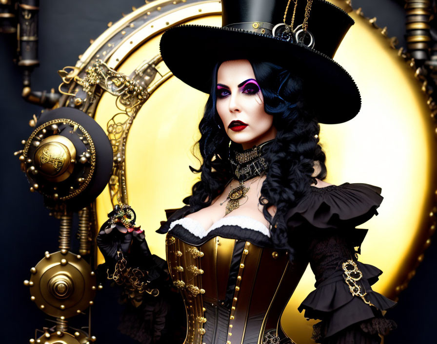 Gothic steampunk woman with top hat and golden gears on black background