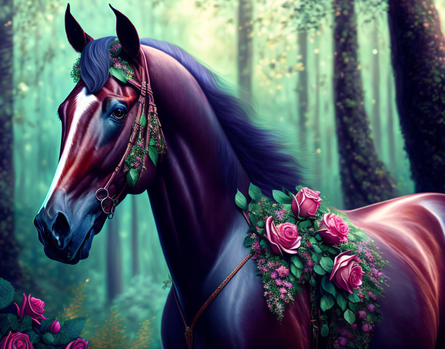 Dark Bay Horse with Floral Mane in Green Forest