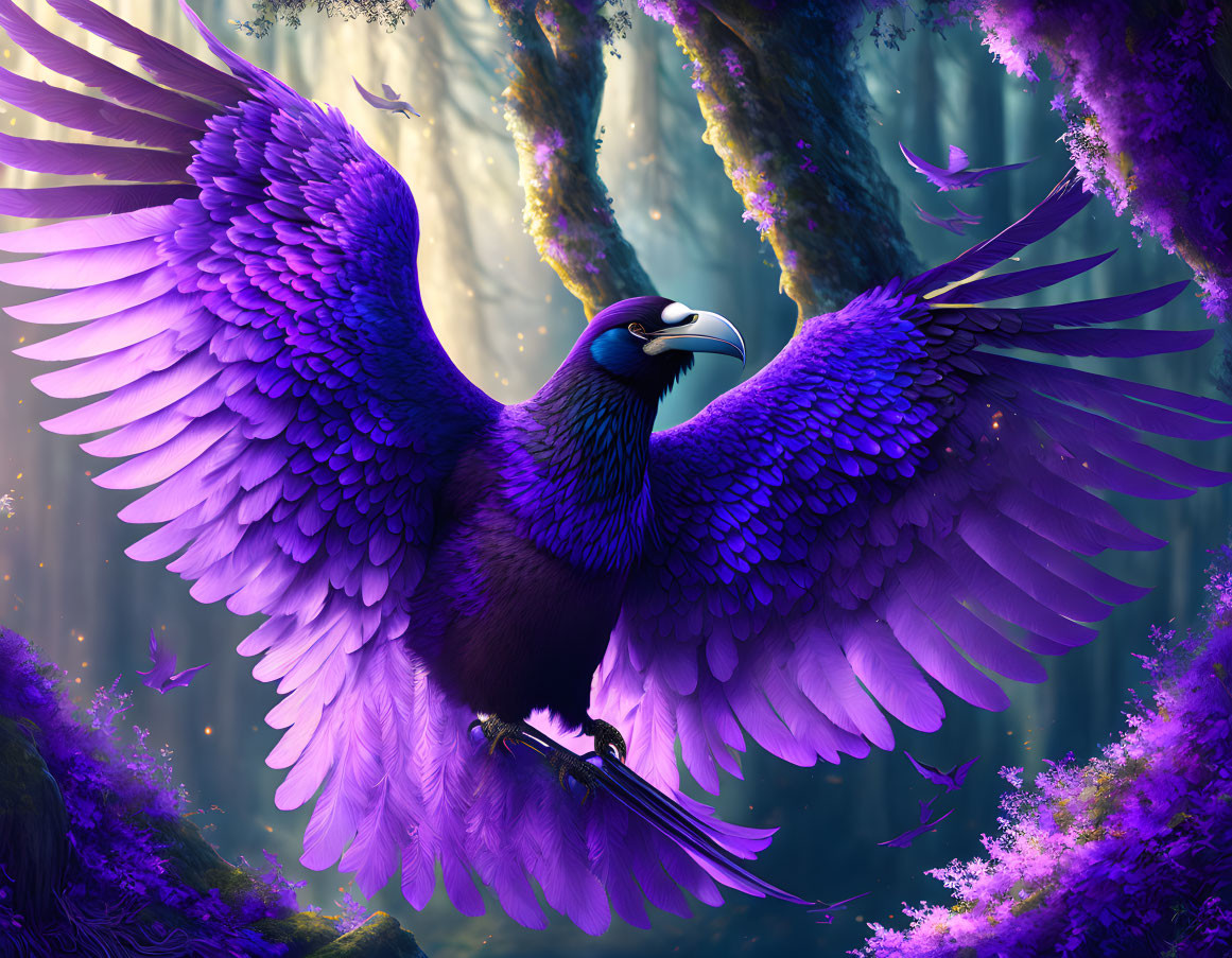 Majestic purple raven in mystical forest with purple foliage