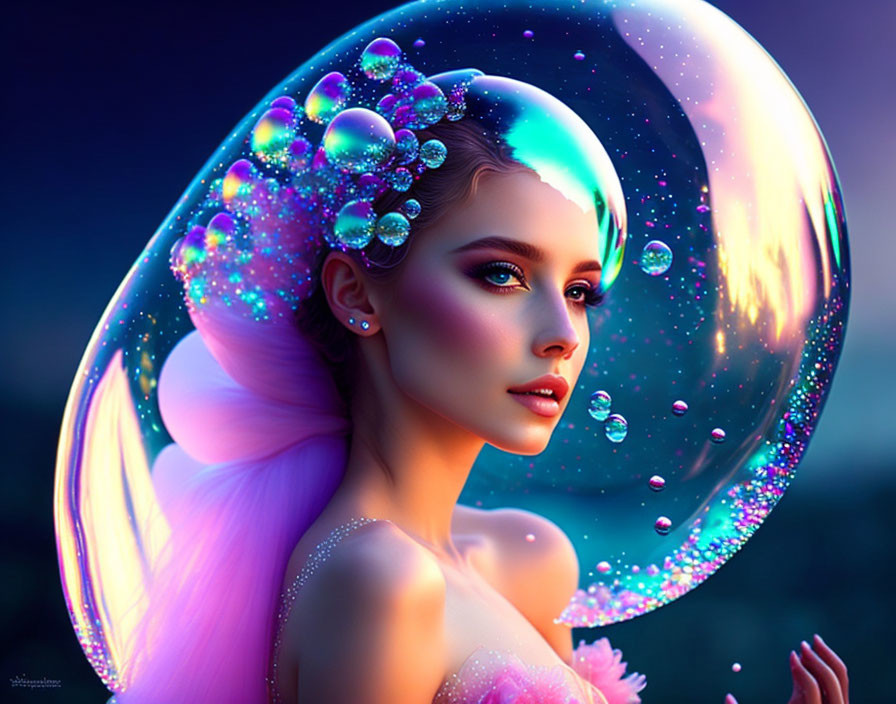 Digital Artwork: Woman with Luminous Halo and Bubbles in Twilight Setting