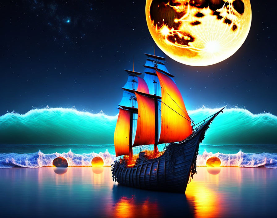 Artwork: Sailboat on luminous ocean under night sky