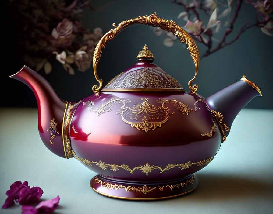 Purple Teapot with Gold Accents and Intricate Designs Near Blooming Flowers
