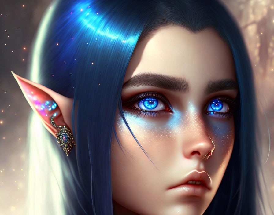Fantasy digital artwork: luminous blue-eyed figure with cosmic blue hair.