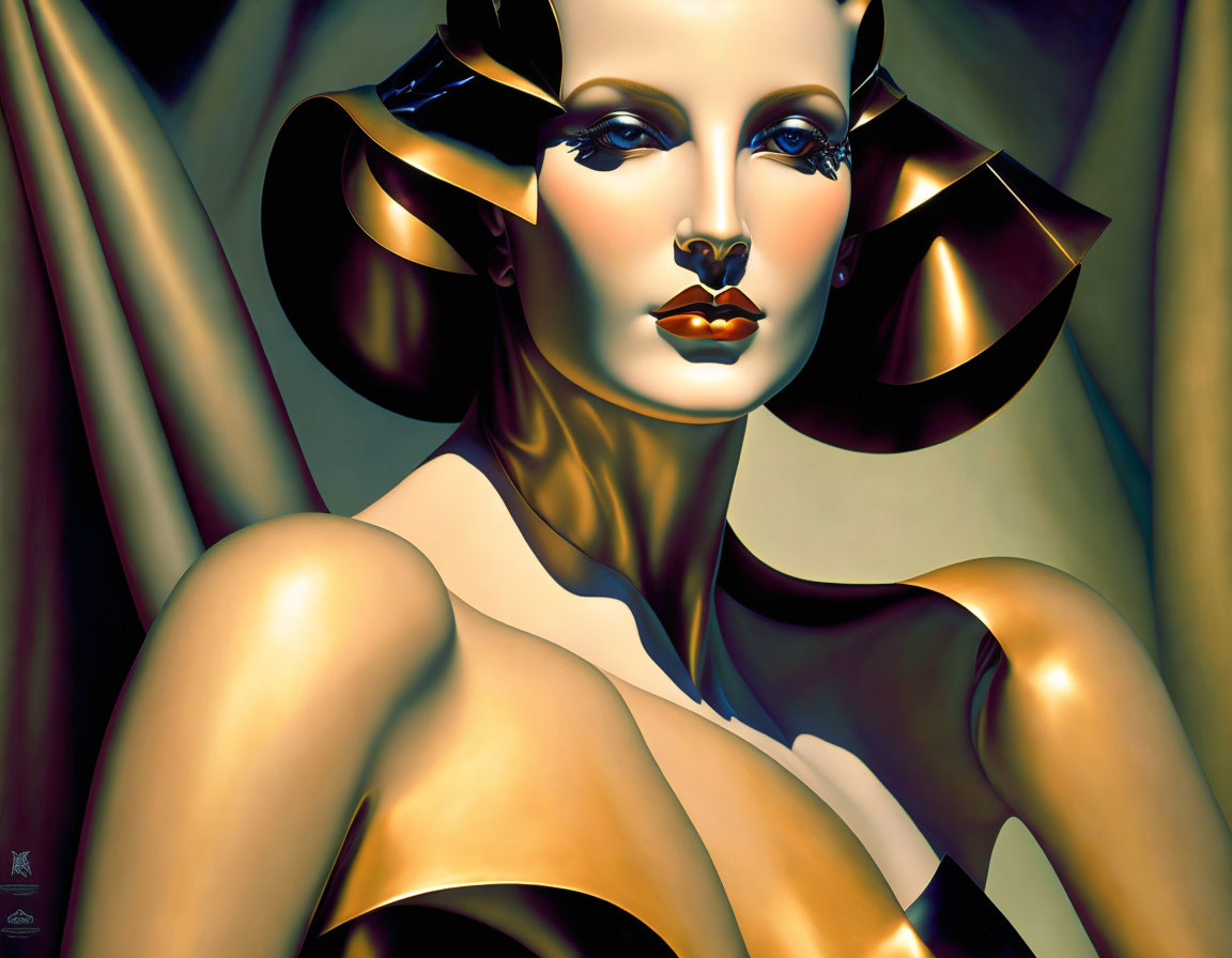 Exaggerated features and stylized makeup on woman in golden background