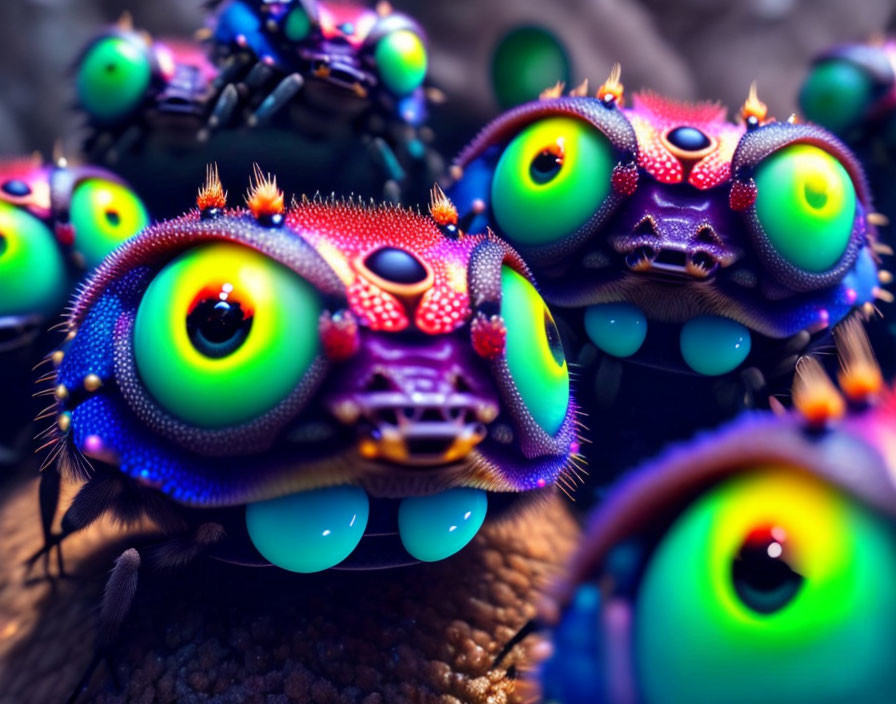 Vibrant multi-eyed furry creatures in a whimsical huddle