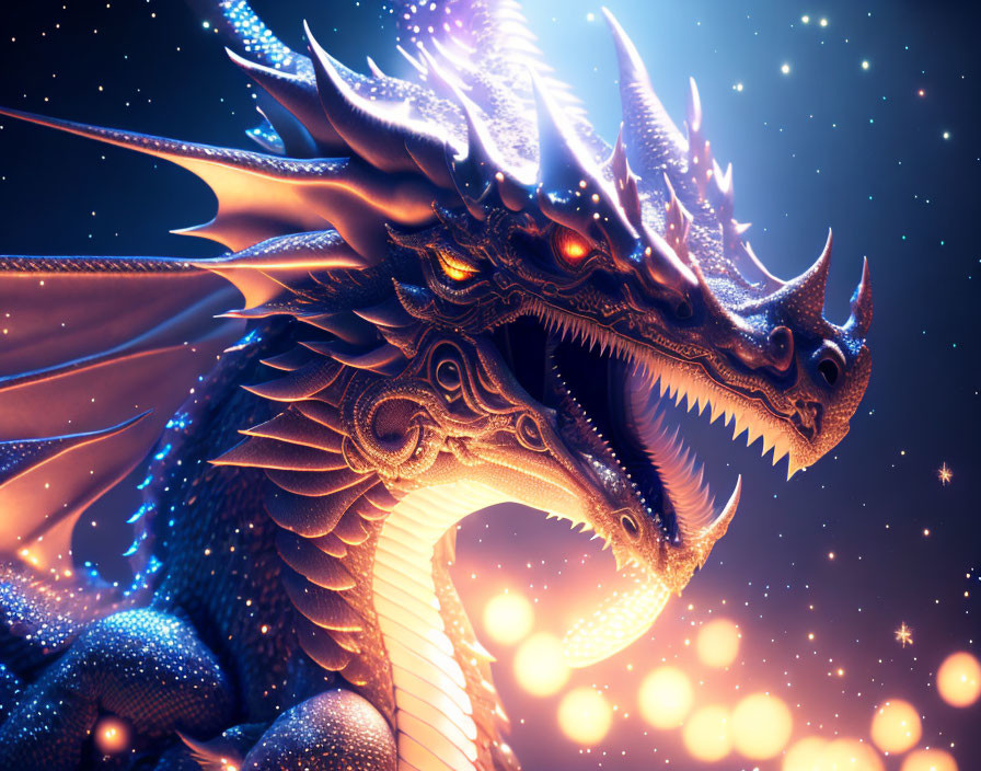 Majestic multi-headed dragon with shimmering scales under starry sky