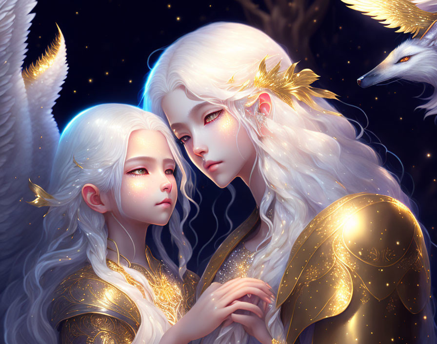 Ethereal characters with white hair and golden ornaments in starlit scene