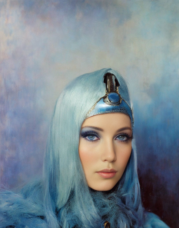 Pastel Blue-Haired Woman with Decorative Headgear on Soft Blue Background