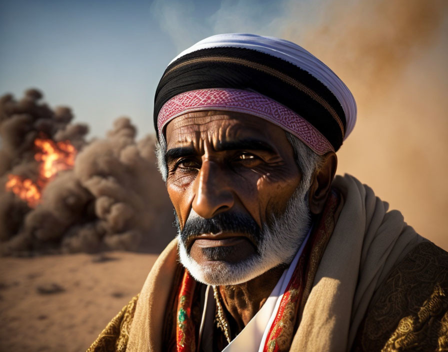 Elder Man with Headscarf and Mustache in Dramatic Scene