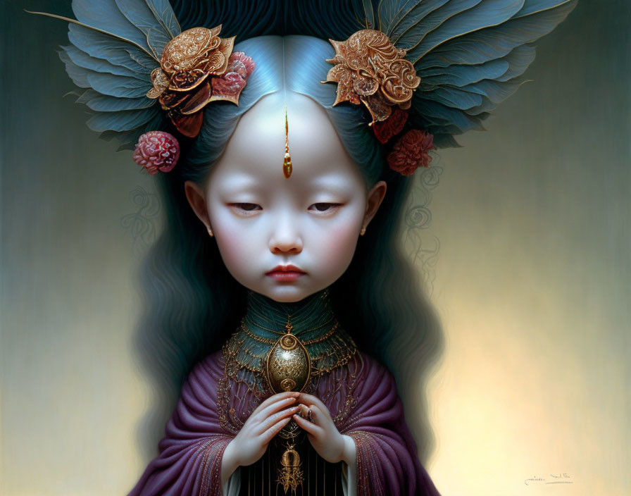 Child in ornate headpieces and golden locket, adorned in lavish attire.