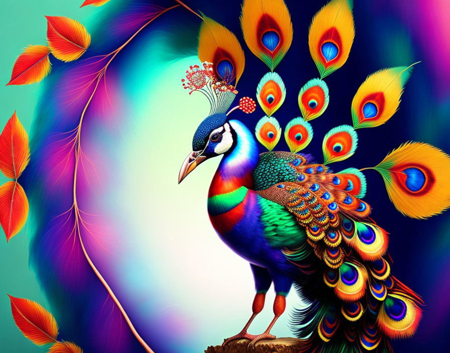 Colorful Peacock Digital Artwork with Teal and Purple Leaves