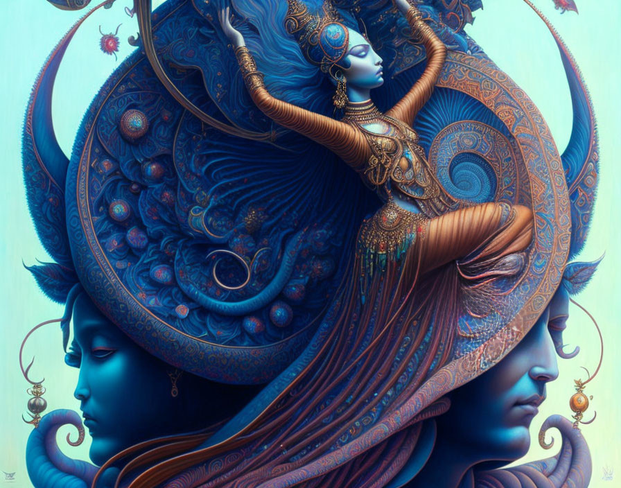 Vividly colored illustration of ornate, mythical figures