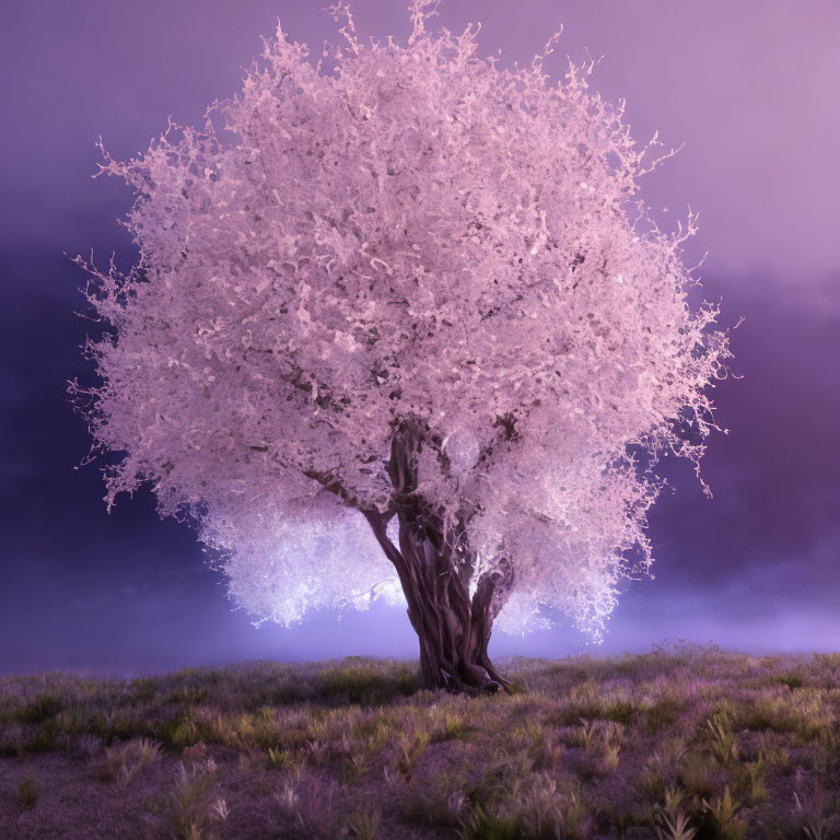 Luminous pink blossoms on solitary tree under purple sky