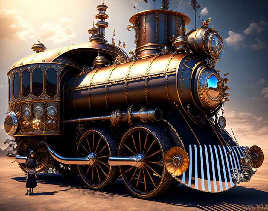 Steampunk-style train with ornate details and blue headlight under cloudy sky.
