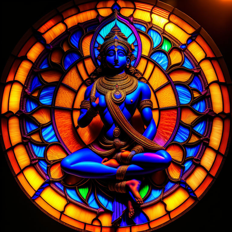 Colorful stained glass artwork of a blue deity with multiple arms in a lotus position
