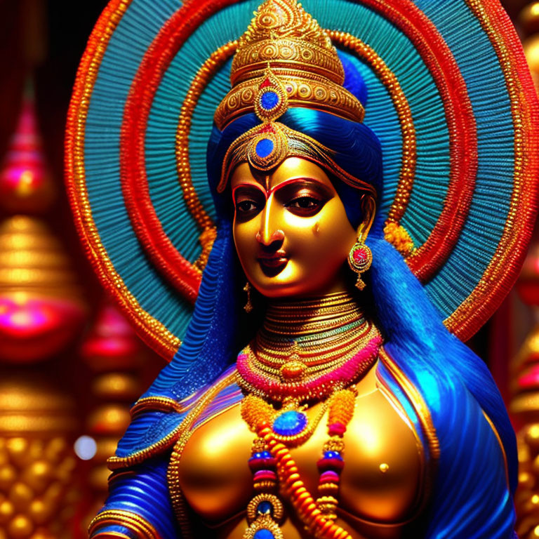 Intricate Hindu goddess statue with gold ornaments and blue skin