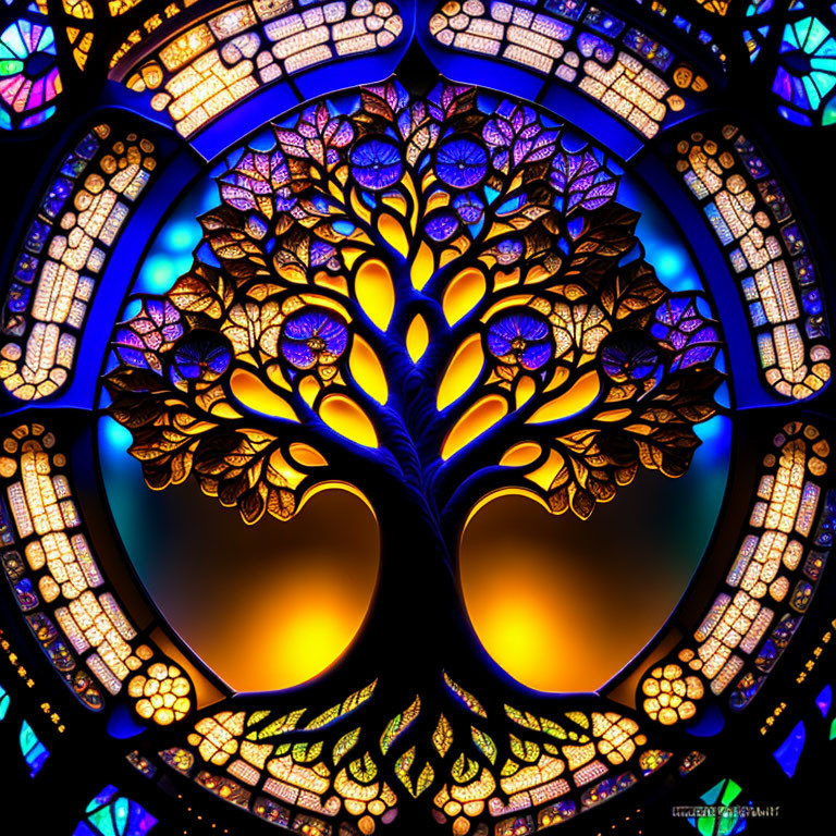 Colorful Tree Motif Stained Glass Window with Radiant Background
