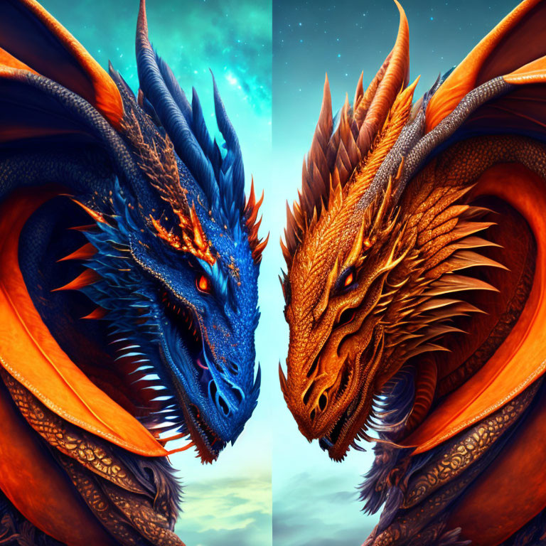 Vibrant digital artwork: Blue and orange fierce dragons in intricate detail