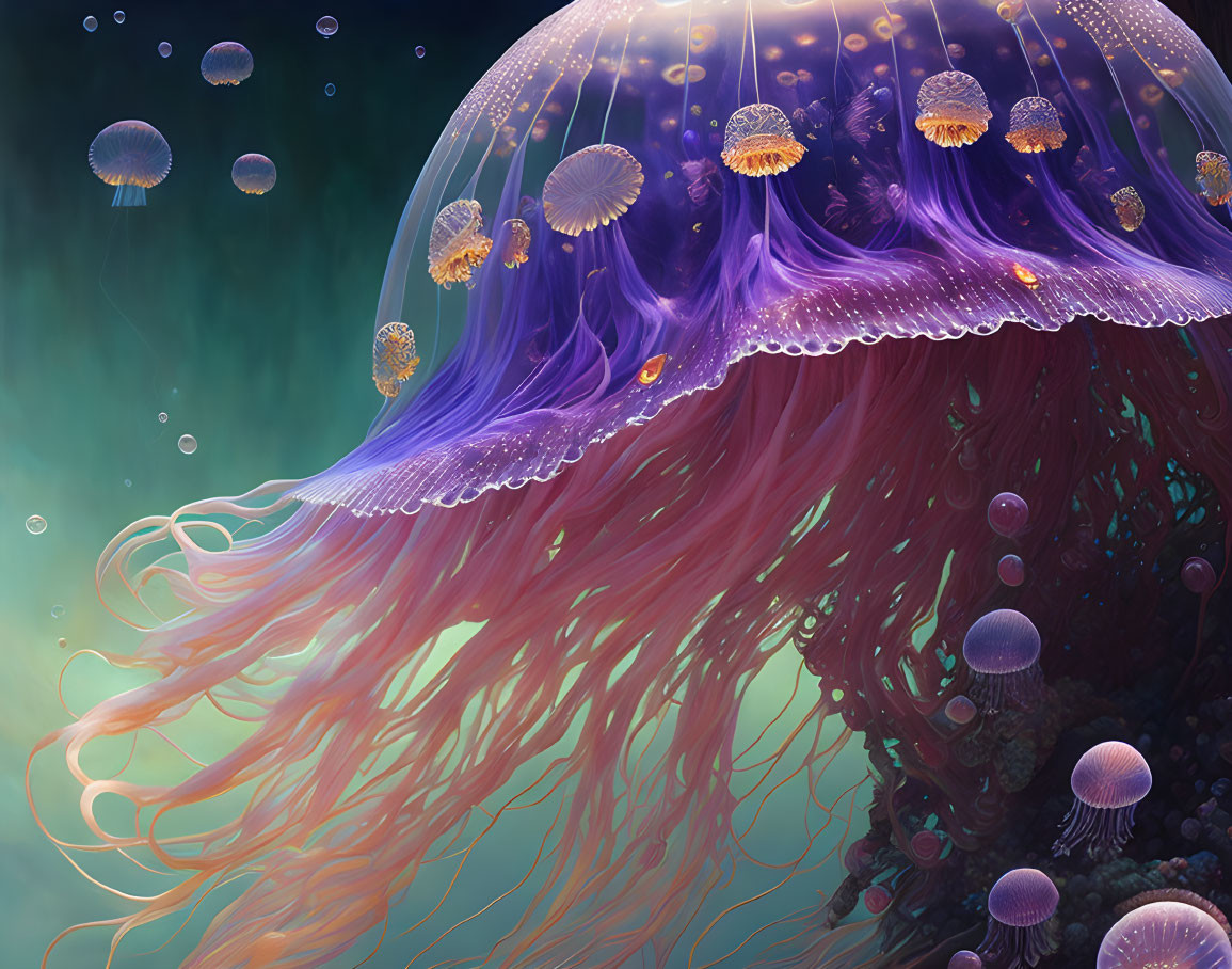Colorful Jellyfish Digital Artwork in Underwater Scene