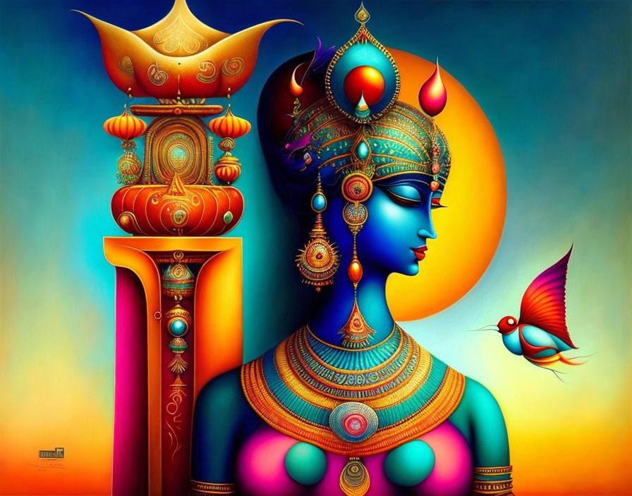 Colorful artwork of stylized woman in elaborate attire with surreal landscape and bird.