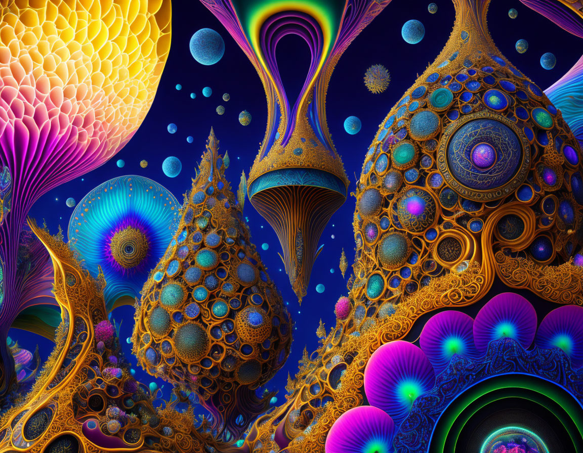 Colorful Abstract Digital Art: Blue, Gold, and Purple Fractal-like Design