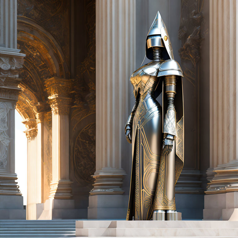 3D rendered shiny medieval knight's armor with gold details in grand hall
