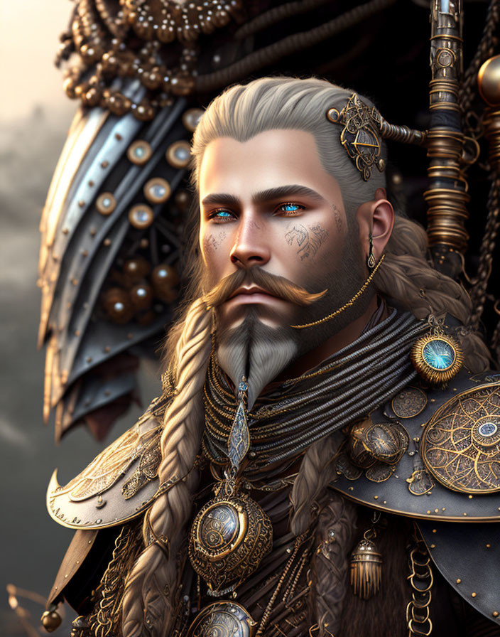 Fantasy warrior with braided beard and winged helmet in ornate armor