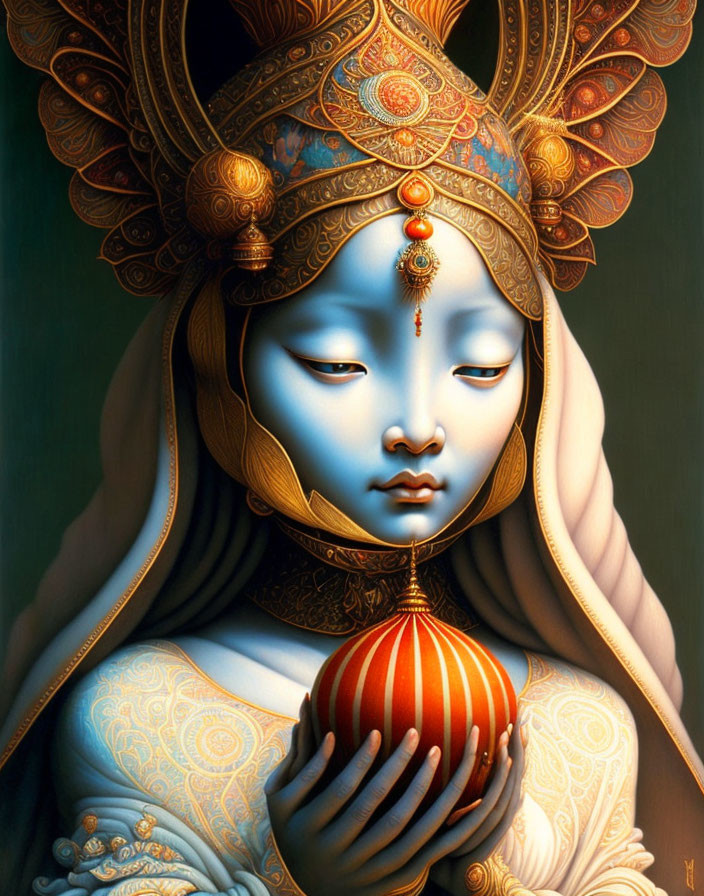 Blue-Skinned Figure with Golden Headdress Holding Striped Sphere