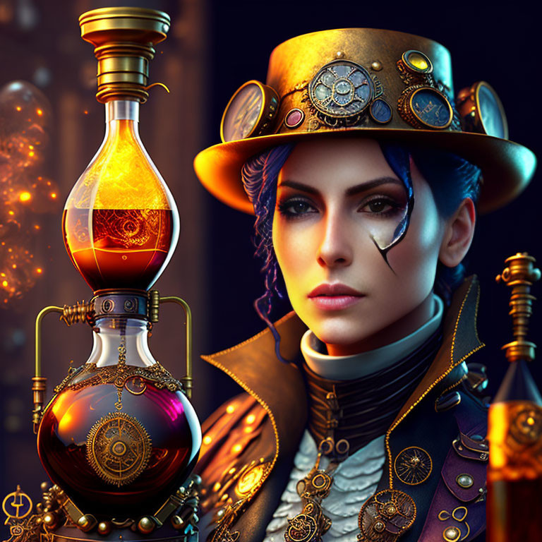 Steampunk woman in hat and goggles holding glowing flask