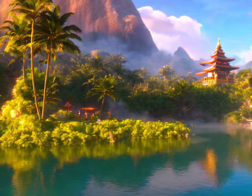 Tranquil lakeside landscape with pagoda, mist, and mountains