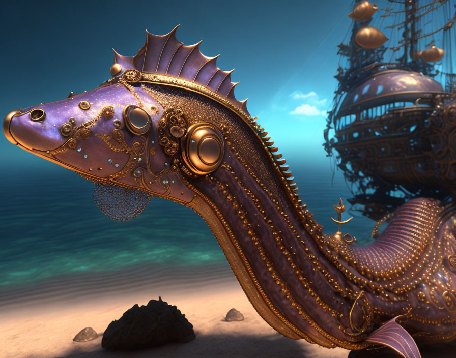 Steampunk-style mechanical seahorse near underwater shipwreck in mystical ocean.