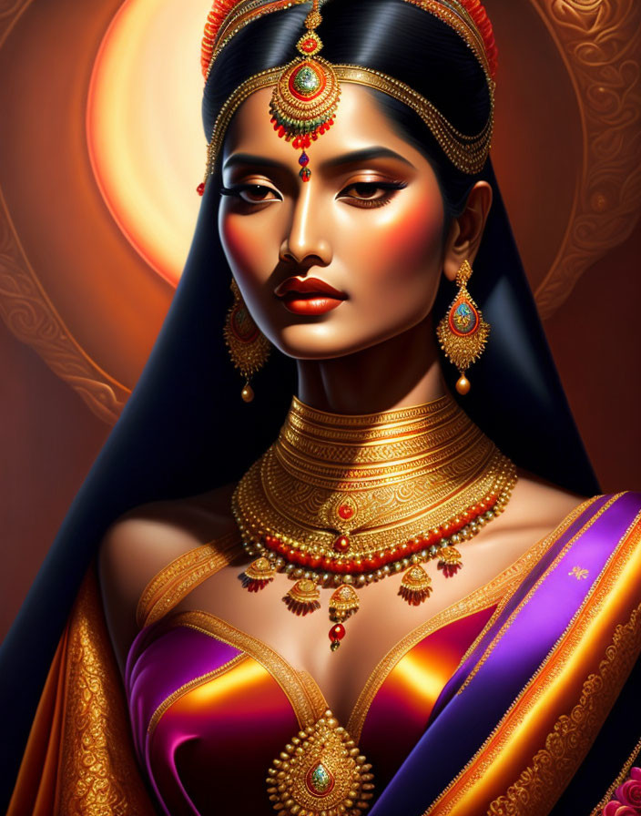 Regal South Asian woman in traditional attire and gold jewelry
