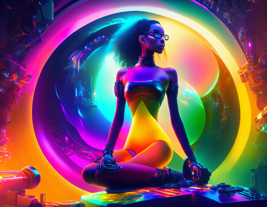 Futuristic afro woman in neon-lit circular setting