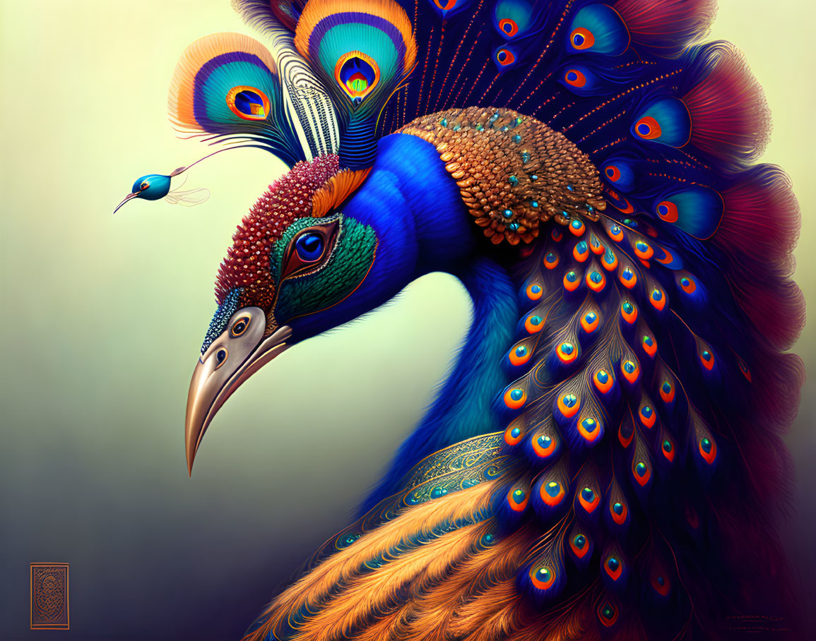 Colorful digital artwork of a majestic peacock displaying vibrant feathers