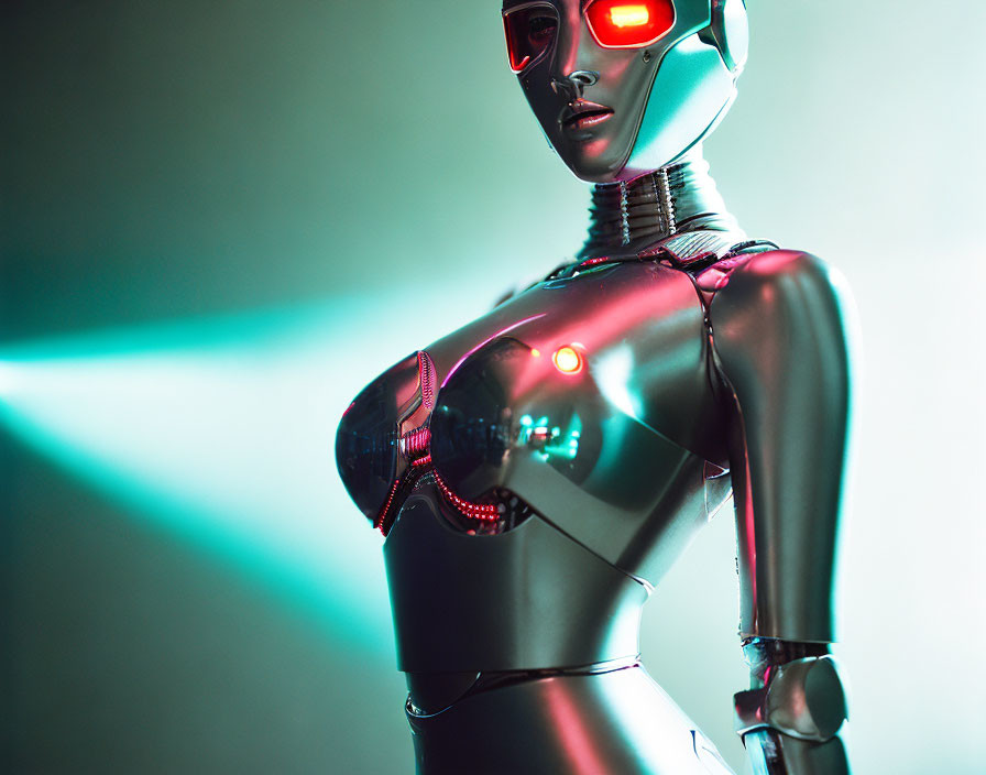 Futuristic female robot with illuminated eyes and chest in greenish-blue haze