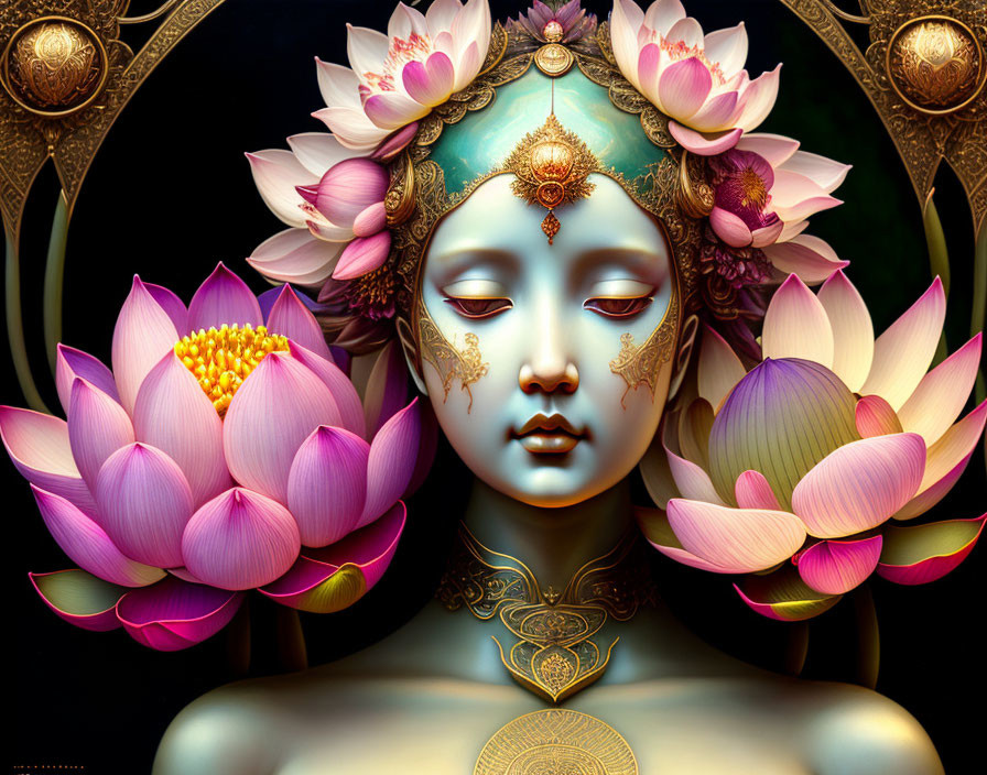 Ethereal figure adorned with golden jewelry among pink lotus flowers