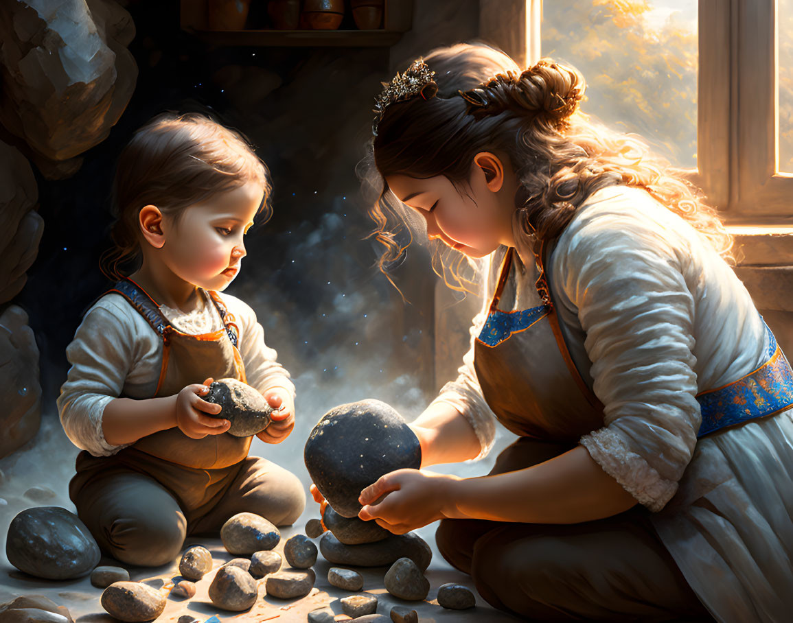 Children playing with rocks in historical attire in warmly lit rustic setting