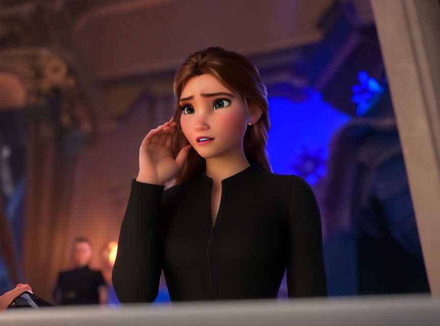 Animated female character with reddish-brown hair in black outfit looking worried.