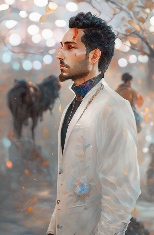 Man with tattoos in white floral jacket gazes in autumn scene with blurred horses.