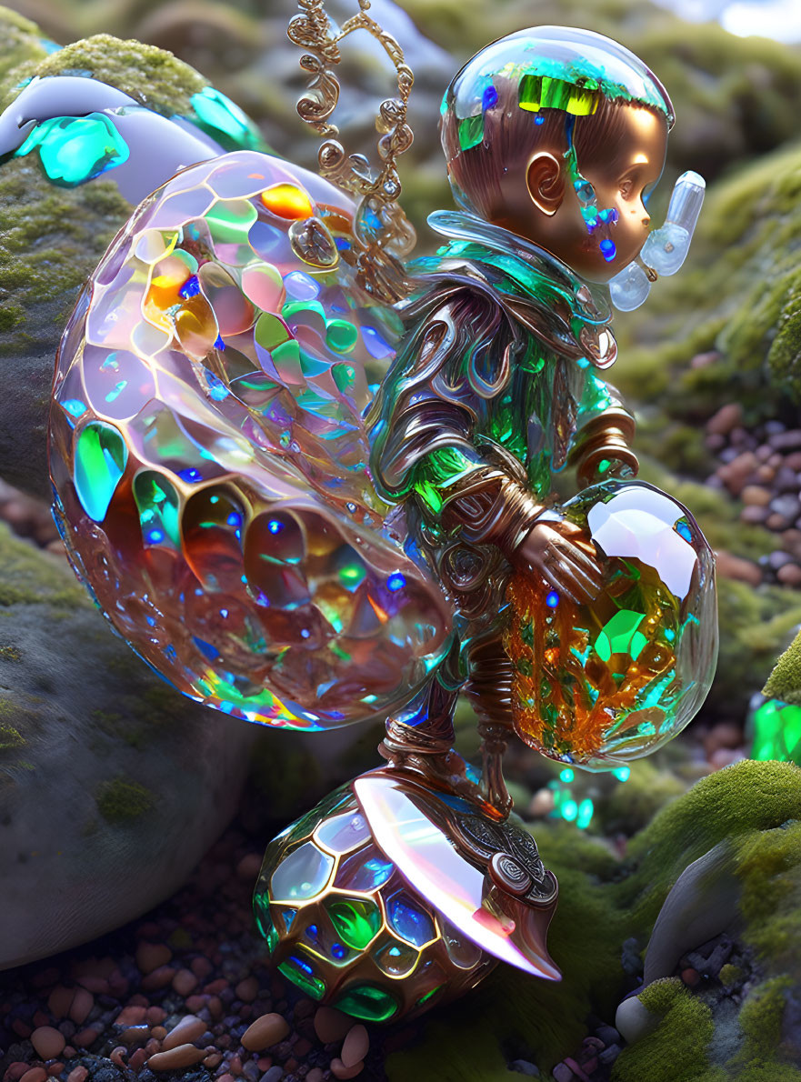 Whimsical 3D robot with reflective bubbles on rocky backdrop